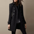Women's Double-Breasted Military Coat Notch Lapel - Black