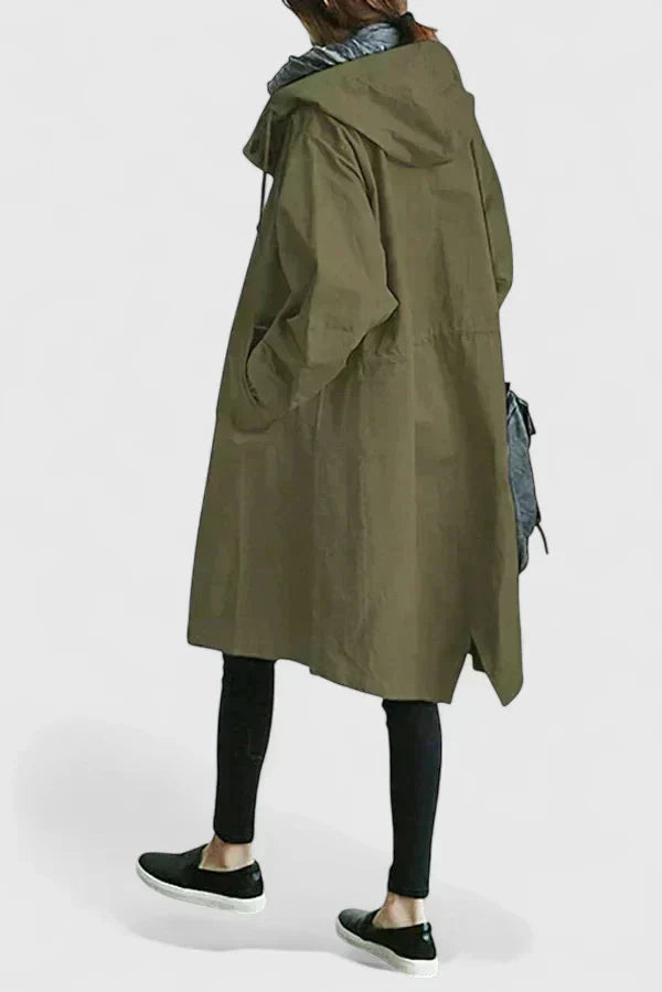 Women's Oversized Hooded Coat with Elasticated Cuffs - Army Green