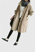 Women's Oversized Hooded Coat with Elasticated Cuffs - Beige