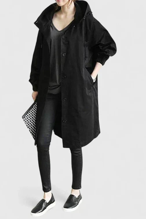 Women's Oversized Hooded Coat with Elasticated Cuffs - Black
