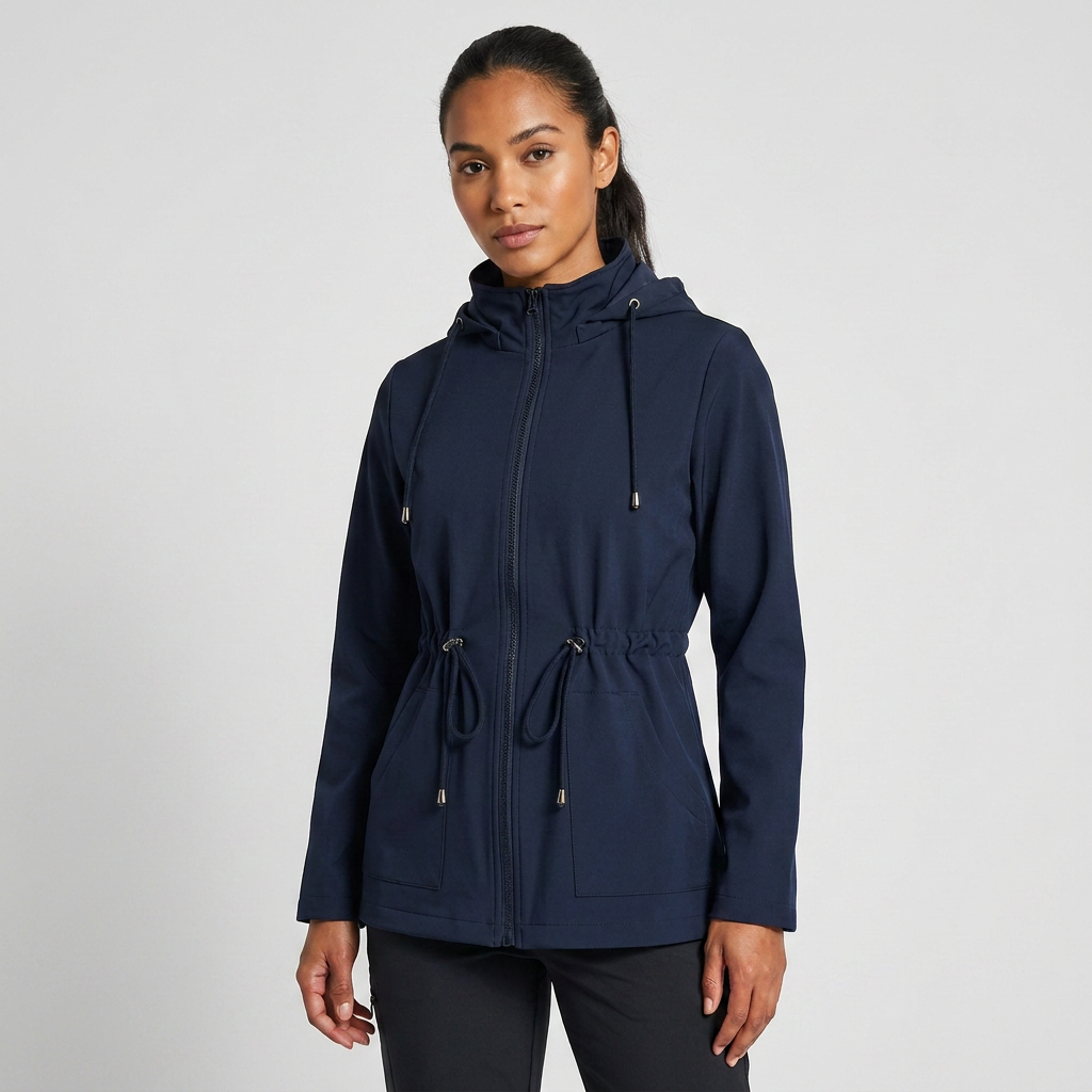 Women's Hooded Jacket with Drawstring Waist and Zip Front - Navy Blue