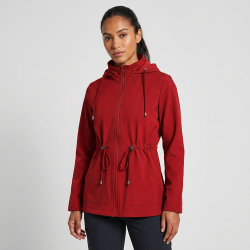 Women's Hooded Jacket with Drawstring Waist and Zip Front - Red