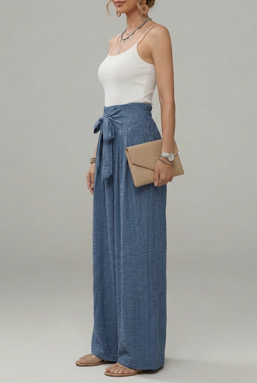 Women's High-Waisted Palazzo Trousers with Bow Tie Belt and Pleated Wide Legs