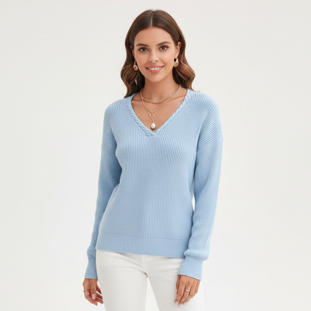 Women's Ribbed V-Neck Jumper with Long Sleeves - Blue