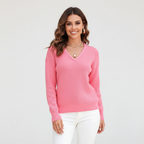Women's Ribbed V-Neck Jumper with Long Sleeves - Pink
