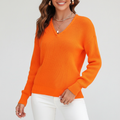 Women's Ribbed V-Neck Jumper with Long Sleeves - Orange