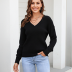 Women's Ribbed V-Neck Jumper with Long Sleeves - Black