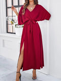 Women's Maxi Dress with Deep V-Neck, Bow Waist Tie and Split - Red