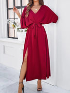 Women's Maxi Dress with Deep V-Neck, Bow Waist Tie and Split - Red