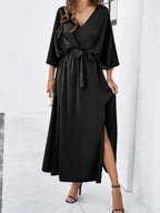 Women's Maxi Dress with Deep V-Neck, Bow Waist Tie and Split - Black
