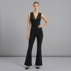 Women's Jumpsuit Sleeveless with V-Neck Lace Trim and Flared Legs - 3