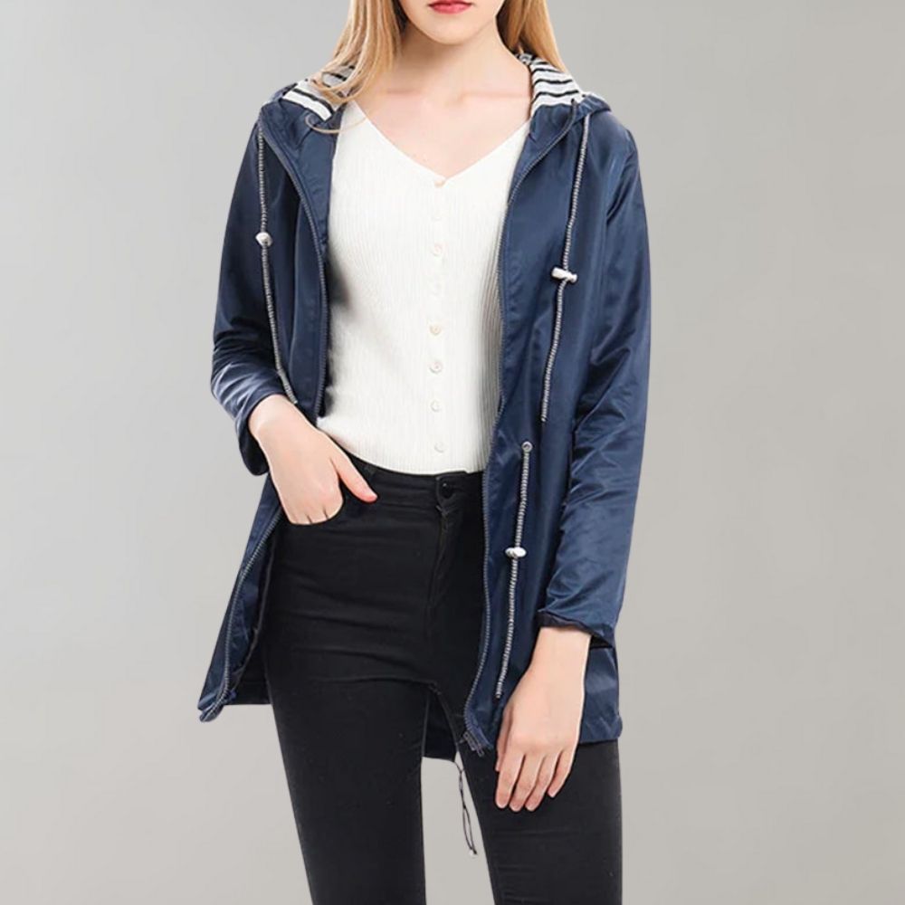 Women's Long Raincoat with Hood and Drawstring Waist