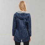 Women's Long Raincoat with Hood and Drawstring Waist - 3