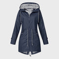 Women's Long Raincoat with Hood and Drawstring Waist - Navy Blue