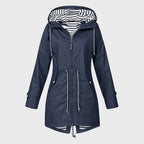 Women's Long Raincoat with Hood and Drawstring Waist - Navy Blue