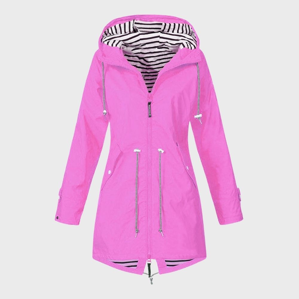 Women's Long Raincoat with Hood and Drawstring Waist - Pink