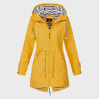 Women's Long Raincoat with Hood and Drawstring Waist - Yellow