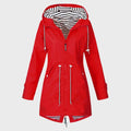 Women's Long Raincoat with Hood and Drawstring Waist - Red