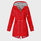 Women's Long Raincoat with Hood and Drawstring Waist - Red