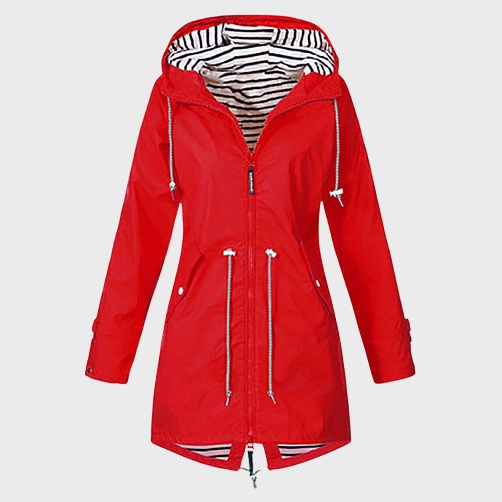 Women's Long Raincoat with Hood and Drawstring Waist - Red