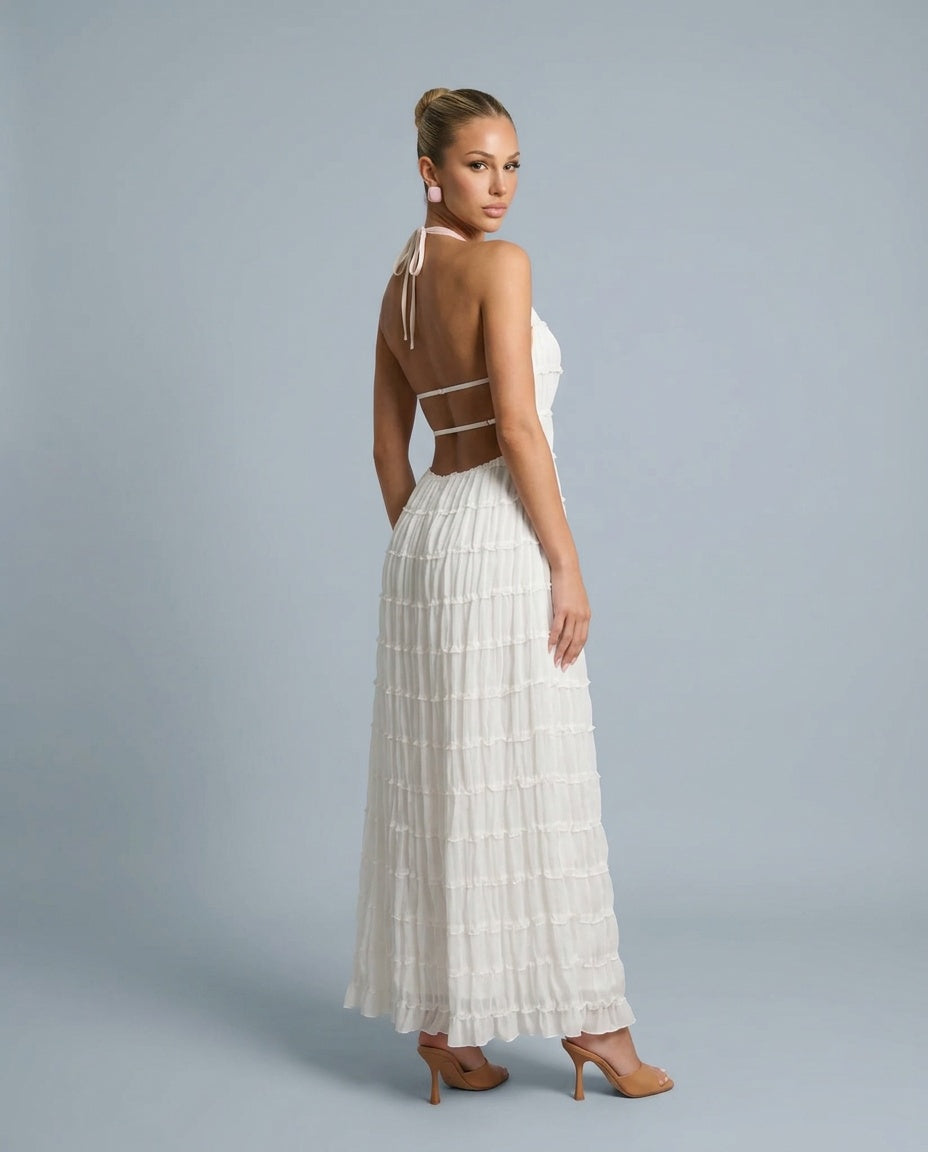 Women's Halter Maxi Dress with Pleated Detail and A-Line Silhouette - 13