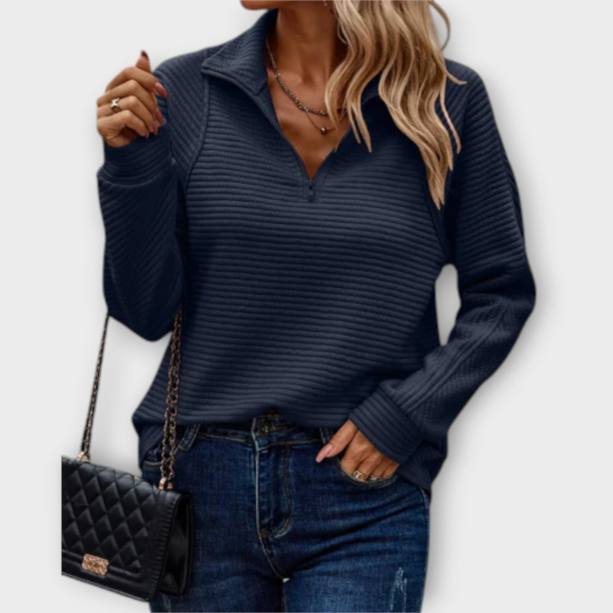 Women's Jumper with Zip Collar and Ribbed Texture - Blue