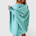 Women's Hooded Cardigan Oversized Knee-Length with Long Sleeves - Blue