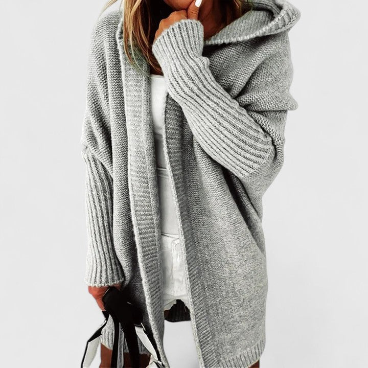 Women's Hooded Cardigan Oversized Knee-Length with Long Sleeves - Grey