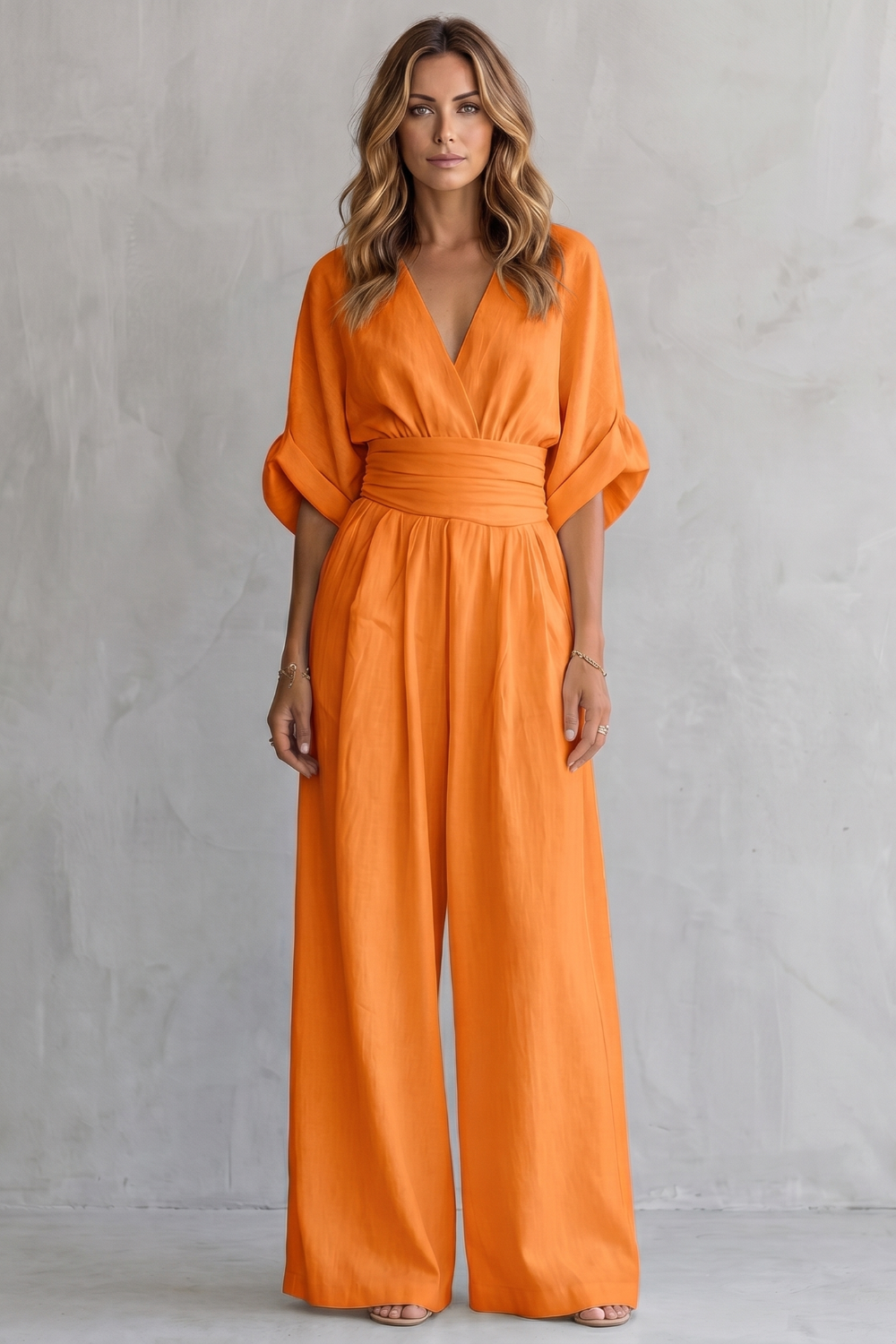 Women's Wide-Leg Jumpsuit with Draped Waist and V-Neck - Orange