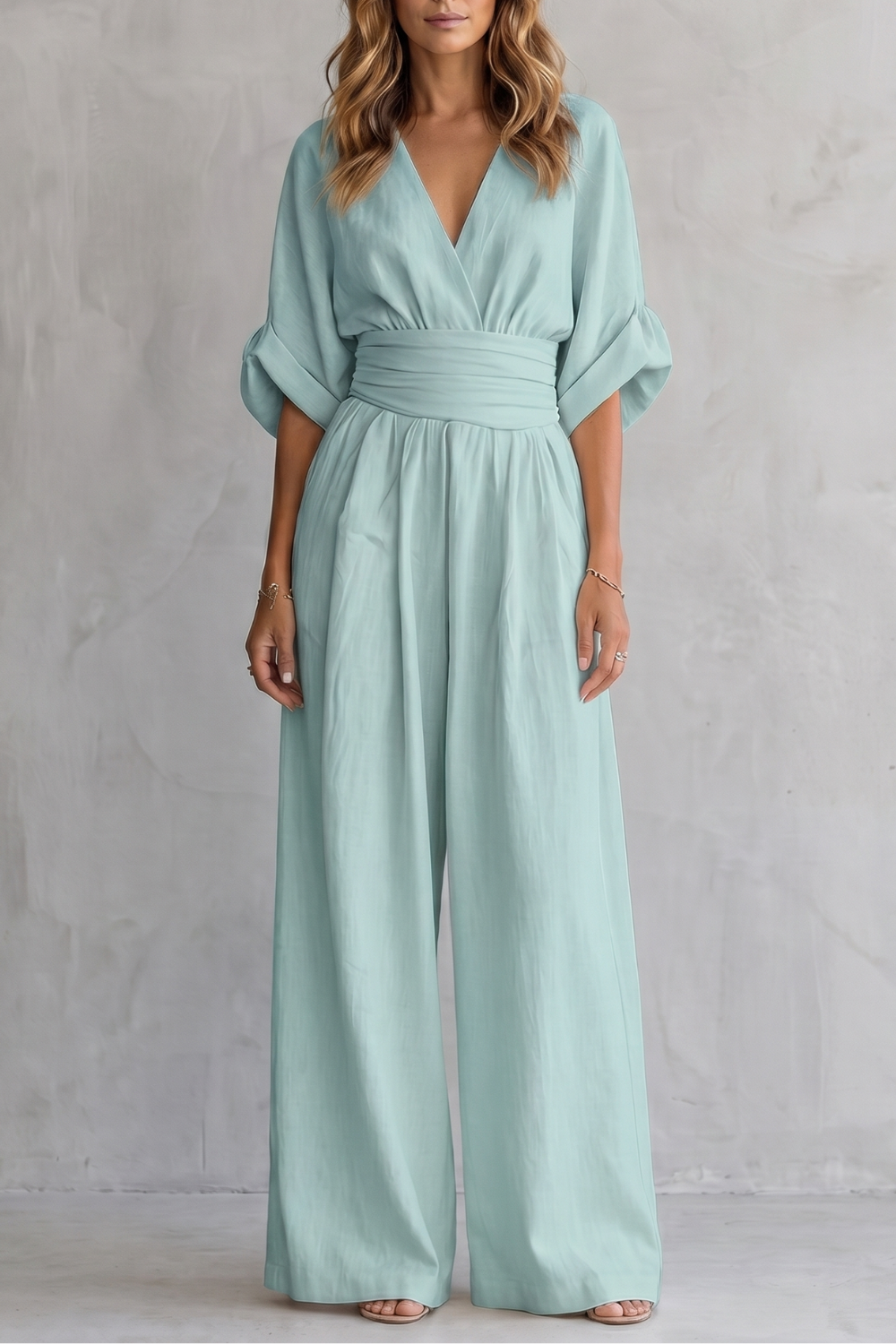 Women's Wide-Leg Jumpsuit with Draped Waist and V-Neck - 13