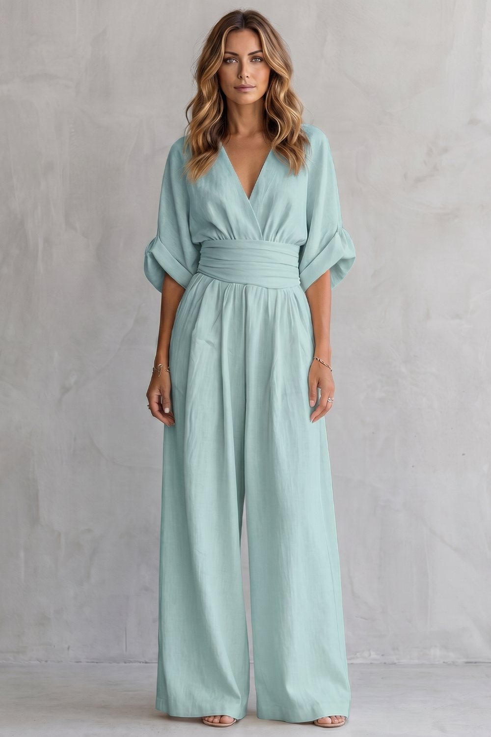 Women's Wide-Leg Jumpsuit with Draped Waist and V-Neck - Blue