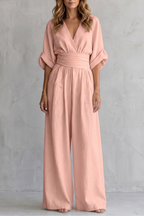 Women's Wide-Leg Jumpsuit with Draped Waist and V-Neck - 15