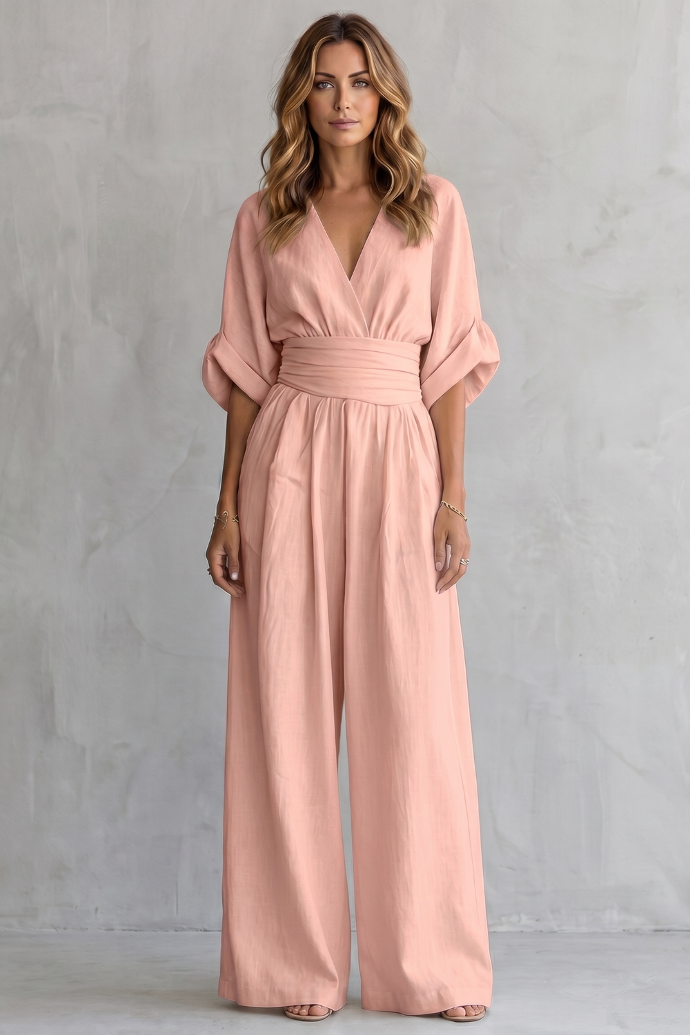 Women's Wide-Leg Jumpsuit with Draped Waist and V-Neck - Pink