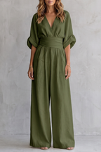 Women's Wide-Leg Jumpsuit with Draped Waist and V-Neck - 17