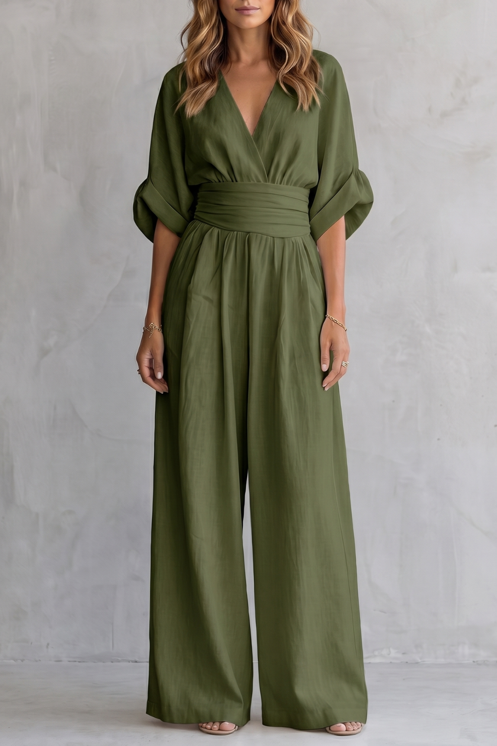 Women's Wide-Leg Jumpsuit with Draped Waist and V-Neck - 17
