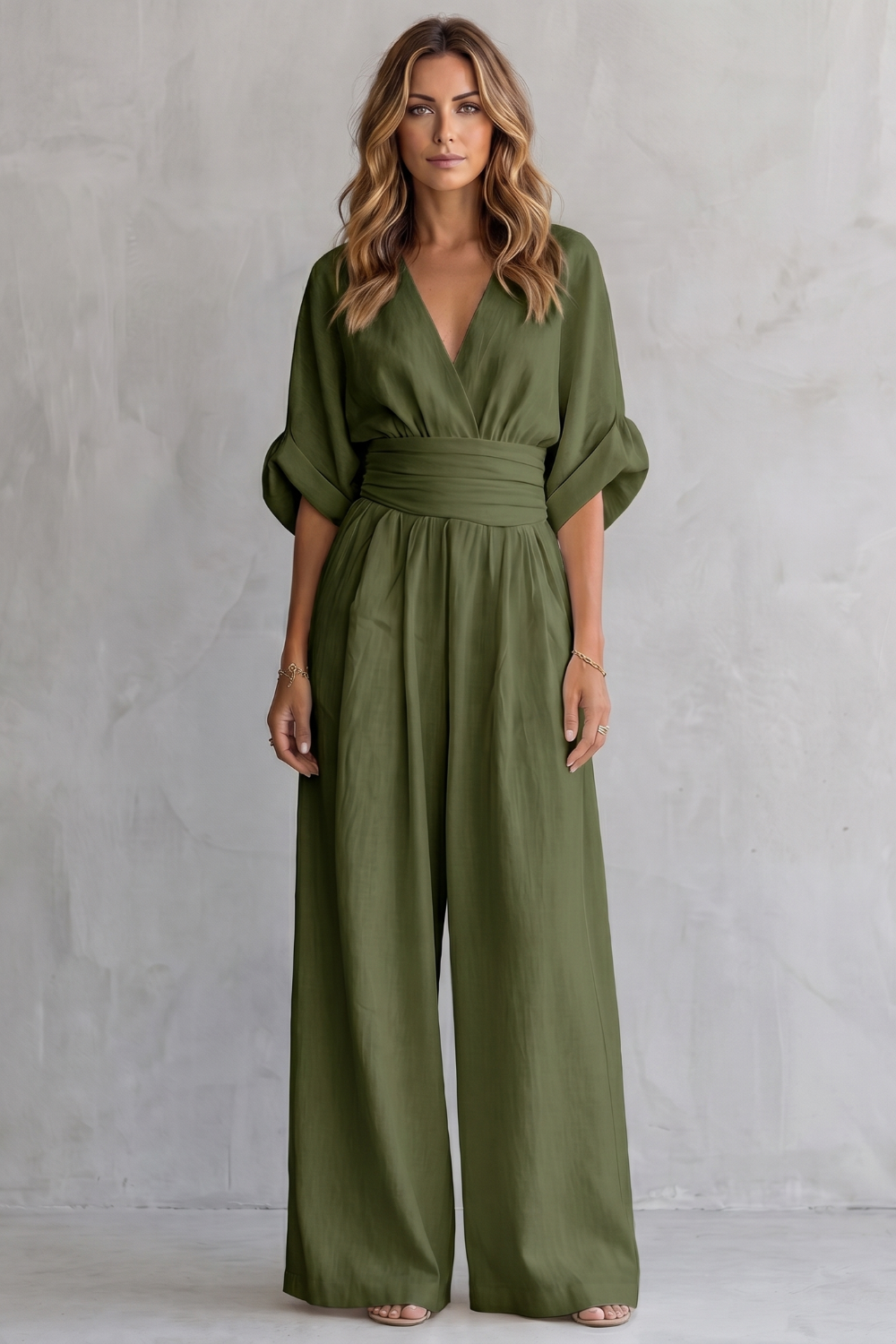 Women's Wide-Leg Jumpsuit with Draped Waist and V-Neck - Army Green