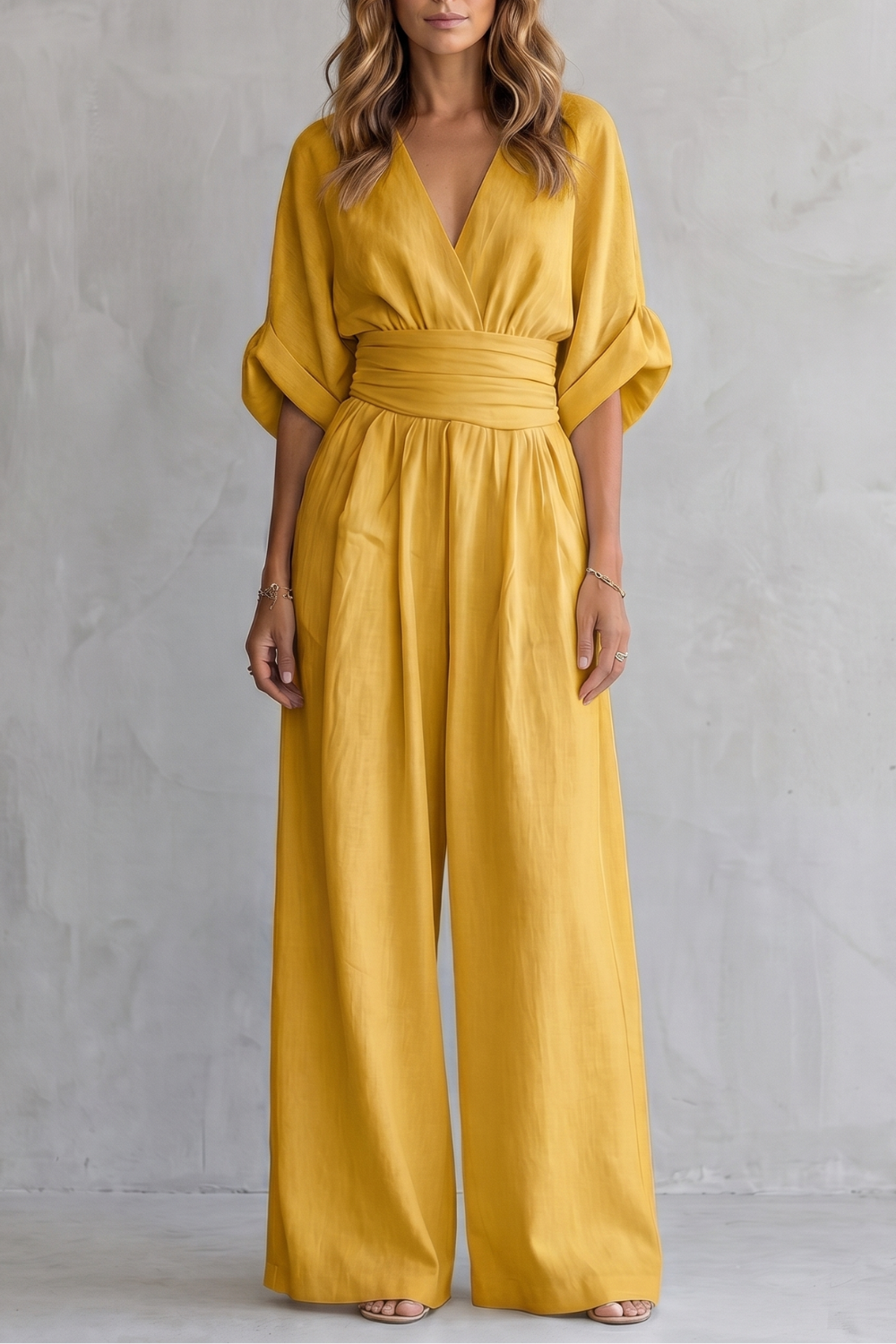 Women's Wide-Leg Jumpsuit with Draped Waist and V-Neck - 19