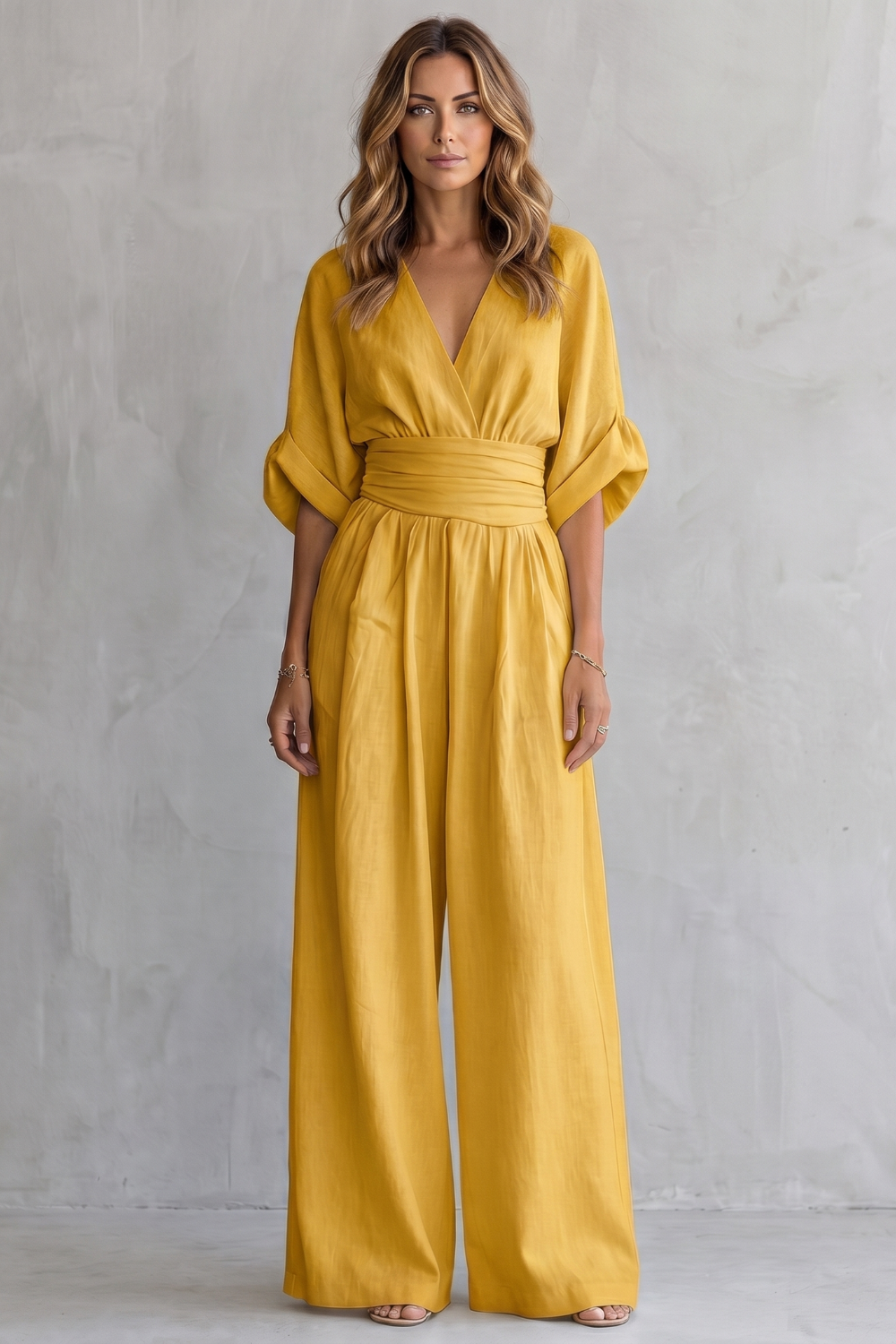 Women's Wide-Leg Jumpsuit with Draped Waist and V-Neck - Yellow