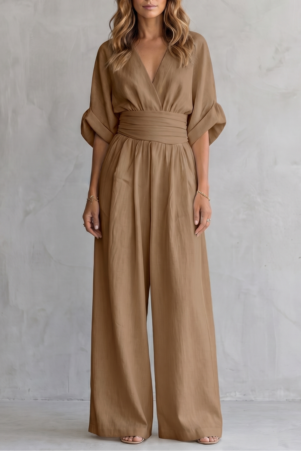 Women's Wide-Leg Jumpsuit with Draped Waist and V-Neck - 21
