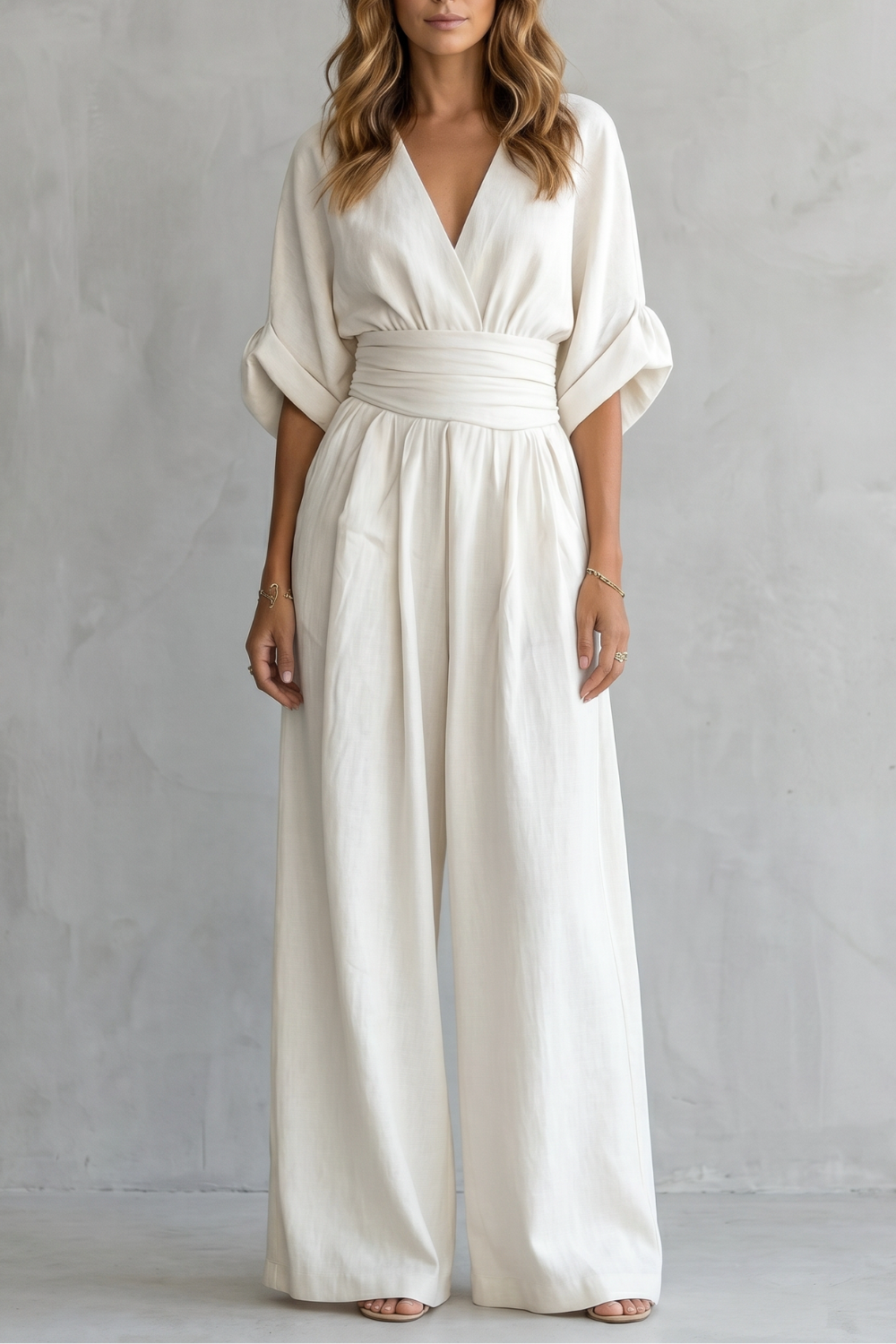 Women's Wide-Leg Jumpsuit with Draped Waist and V-Neck - 4