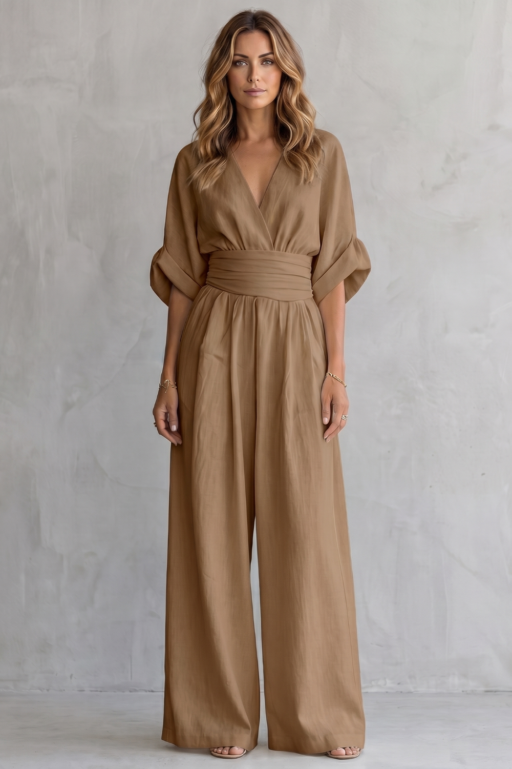 Women's Wide-Leg Jumpsuit with Draped Waist and V-Neck - Khaki