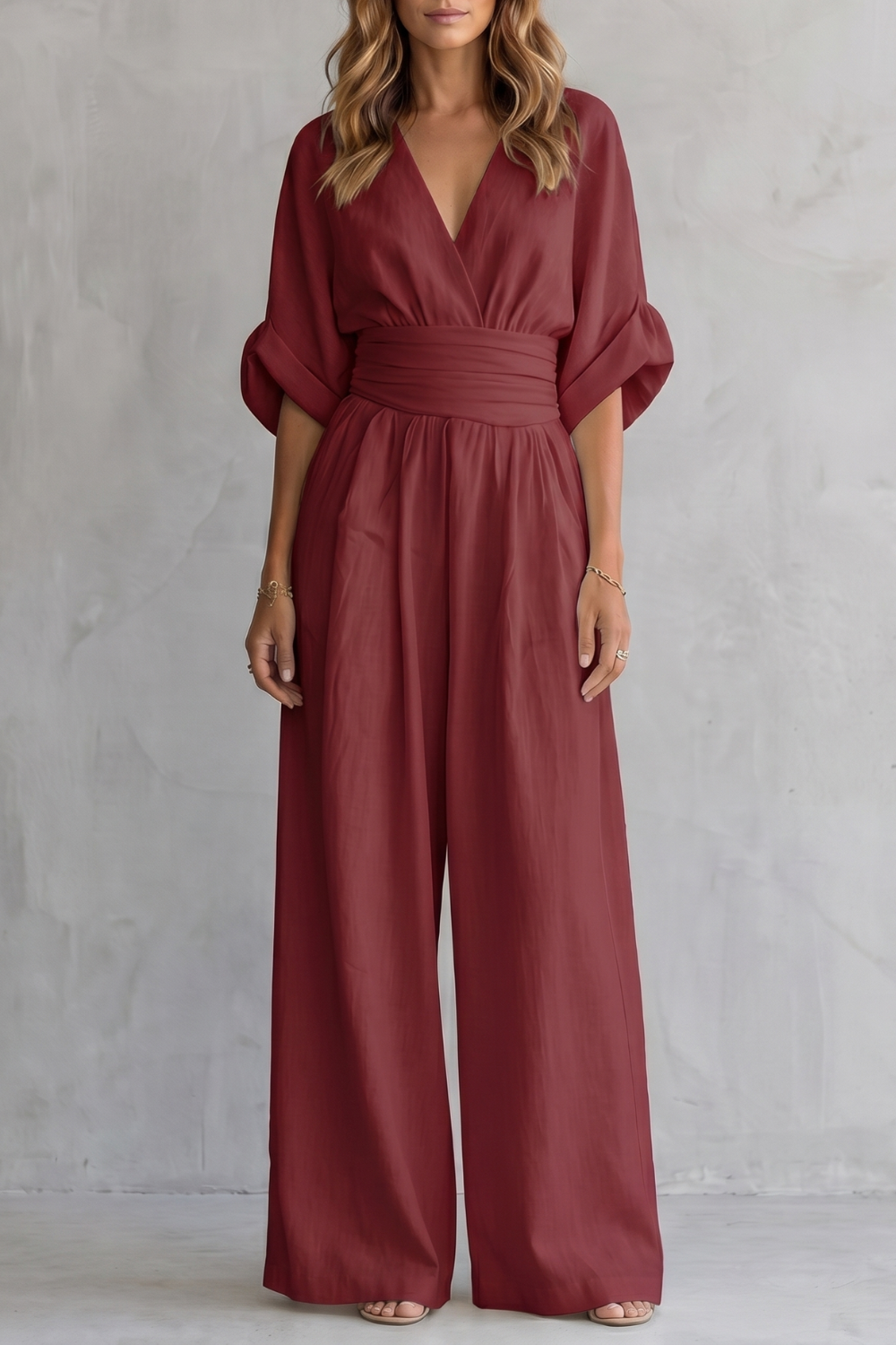 Women's Wide-Leg Jumpsuit with Draped Waist and V-Neck - Wine Red