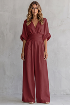 Women's Wide-Leg Jumpsuit with Draped Waist and V-Neck - 22