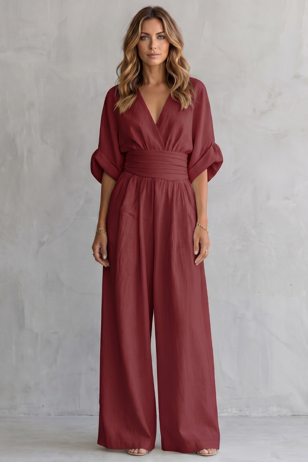 Women's Wide-Leg Jumpsuit with Draped Waist and V-Neck - 22