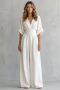 Women's Wide-Leg Jumpsuit with Draped Waist and V-Neck - White