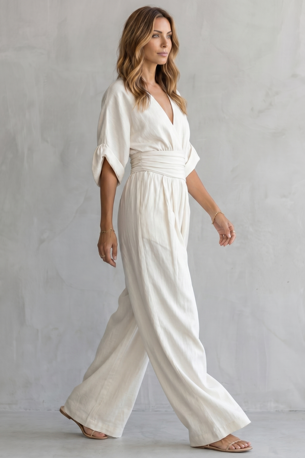 Women's Wide-Leg Jumpsuit with Draped Waist and V-Neck - 5