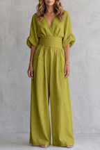 Women's Wide-Leg Jumpsuit with Draped Waist and V-Neck - 7