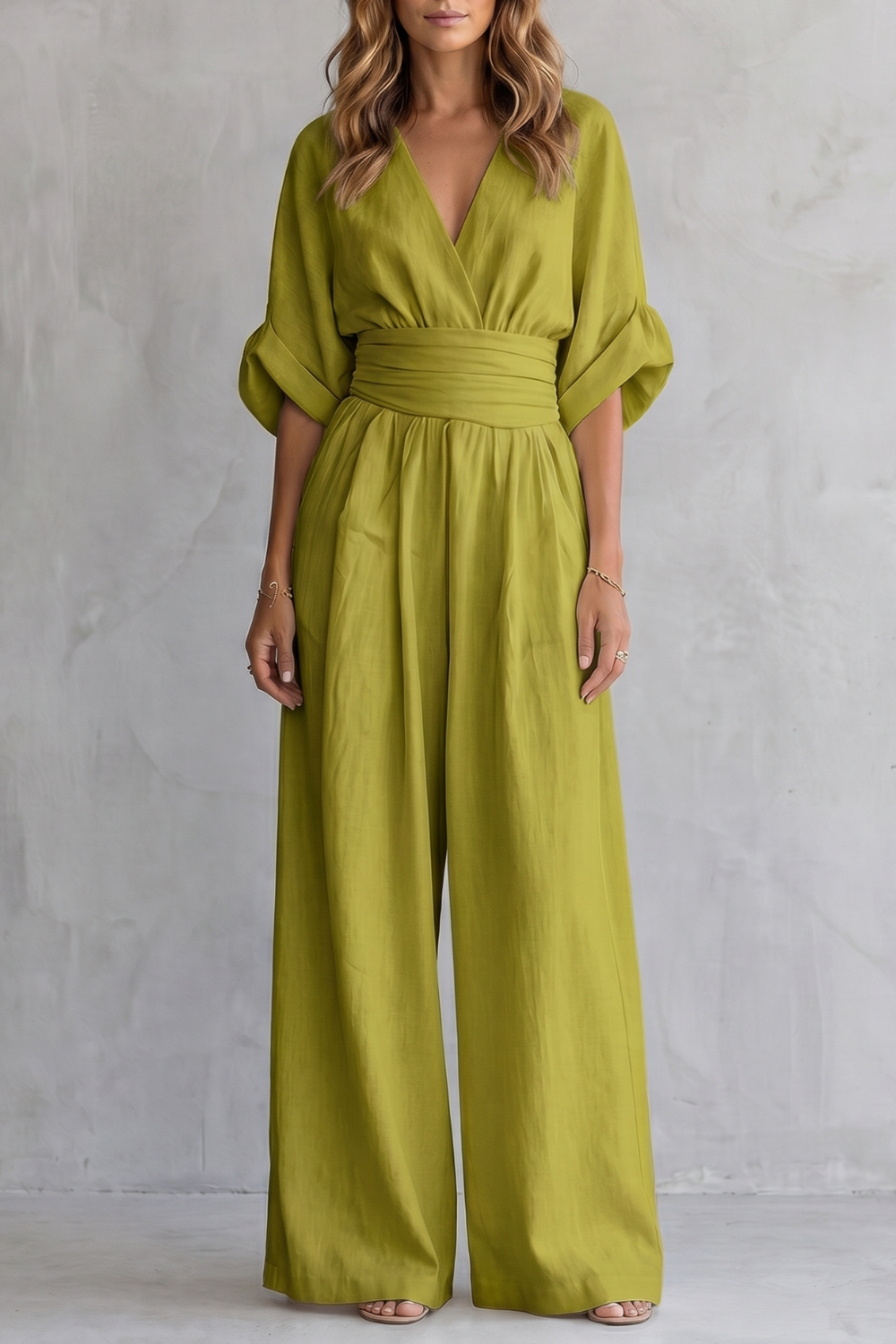 Women's Wide-Leg Jumpsuit with Draped Waist and V-Neck - 7