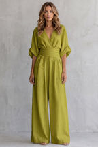 Women's Wide-Leg Jumpsuit with Draped Waist and V-Neck - Green