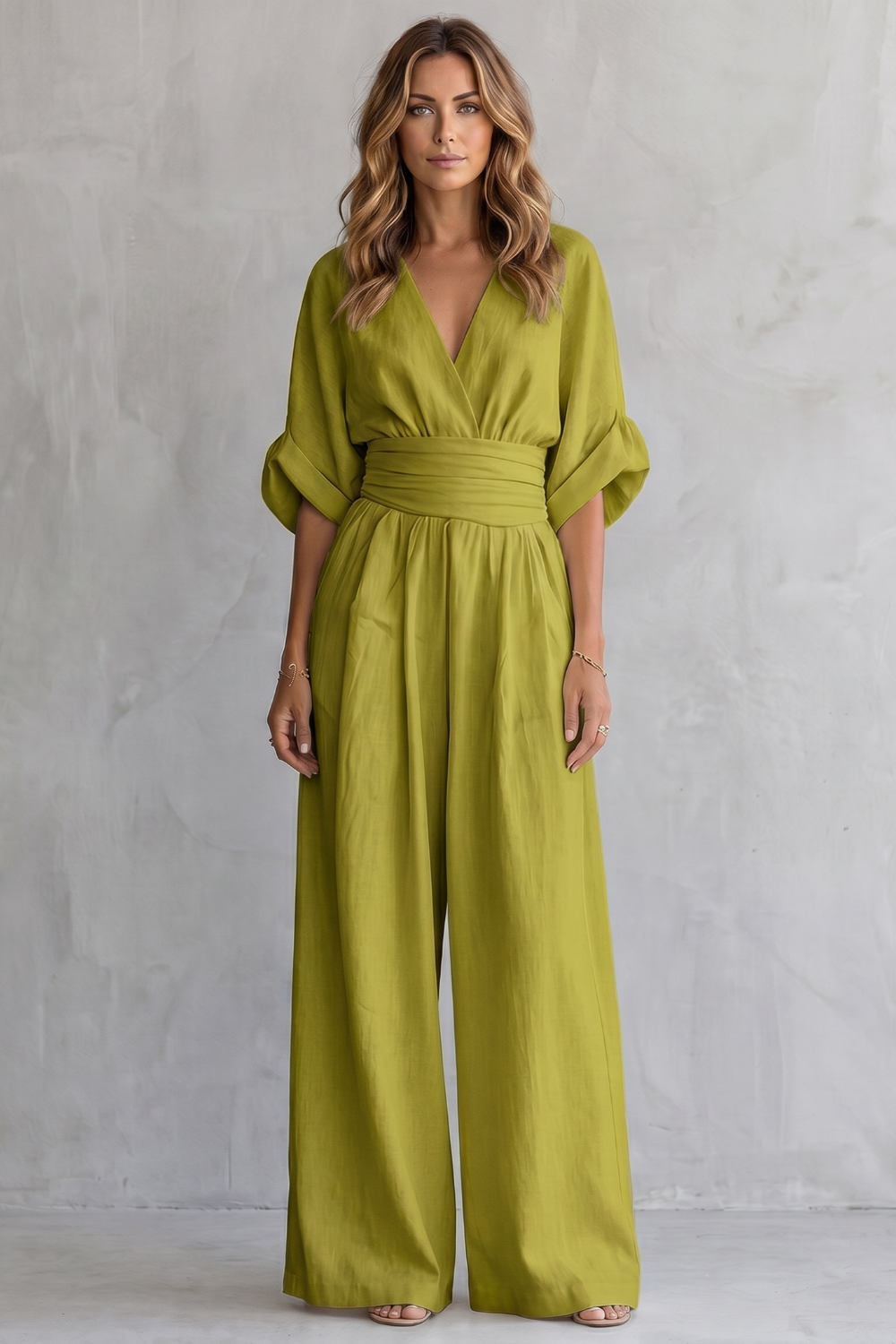 Women's Wide-Leg Jumpsuit with Draped Waist and V-Neck - Green